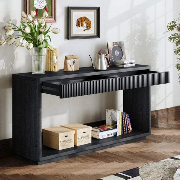 English Elm 60" Modern 2-Drawer Fluted Console Table with Real Wood Veneer, Slim Profile, Sturdy 80lb Capacity, Versatile Entryway Organizer Black W1435P337642
