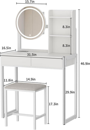 English Elm Small Bedroom Vanity Desk with Led Mirror Cushioned Stool Power Outlet and Storage White W3587P462329