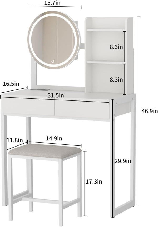 English Elm Small Bedroom Vanity Desk with Led Mirror Cushioned Stool Power Outlet and Storage White W3587P462329