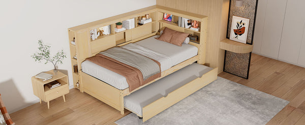 English Elm Twin Daybed with Built-In Shelves, USB Port & Trundle — Solid Pine Frame, Sturdy Storage and Smooth Wheels for Space-Saving Sleep Solutions Natural GX000467AAN