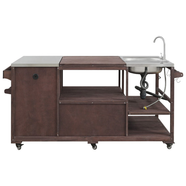 English Elm K&k Solid Fir Outdoor Kitchen Island with Sink Stainless Steel Top and Grill Cutout Brown N707S000022Z
