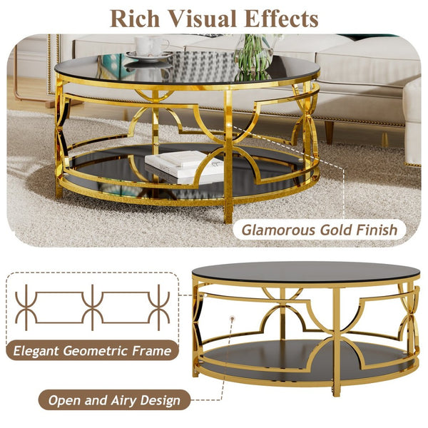 English Elm Round Tempered Glass Coffee Table with Gold Geometric Metal Base and Open Storage Shelf Black N735P396530B