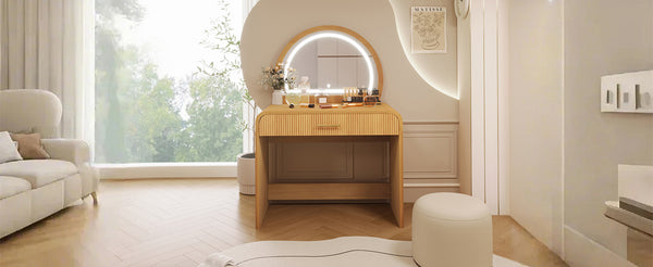 English Elm 39" Makeup Vanity Table with Touchscreen LED Mirror, Sleek Dressing Table with Drawer and Glass Top - Durable Rubberwood, Fast Assembly Natural N704P196658N