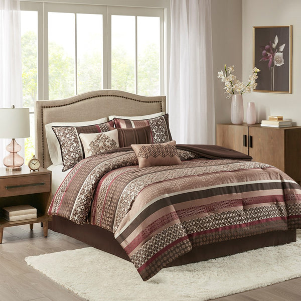 English Elm 7 Piece Comforter Set - Elegant Princeton Collection In Warm Red & Brown, Soft Jacquard Fabric B03597165