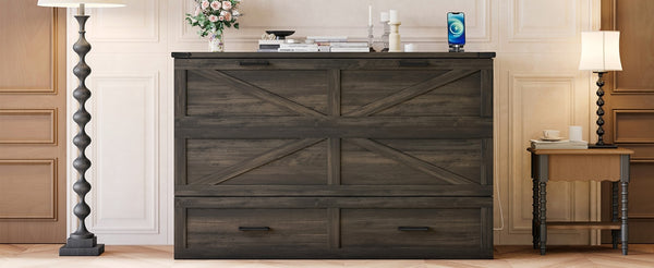 English Elm Queen Farmhouse Murphy Cabinet Bed with Charging Station and Storage Drawer Gray N733S361778G