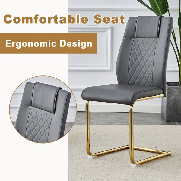 English Elm Table Set: Luxurious 9-Piece Dining Set With Pandora Glass Top, Golden Legs & 8 Gray Pu Chairs For Style W1151S03230-GIGA