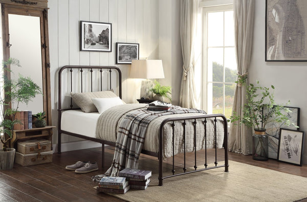 English Elm Classic Queen Platform Bed with Curved Headboard and Ball Accent Detailing, Dark Bronze Metal Frame Antique Bronze 45 L x 43.25 W x 3.75 H B011P263750
