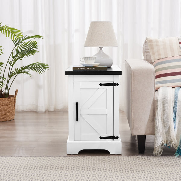 English Elm Farmhouse Rustic End Table with Barn Door Concealed Storage, Metal Handle, Retro Decor, Sturdy Base White+Black W2275P192793
