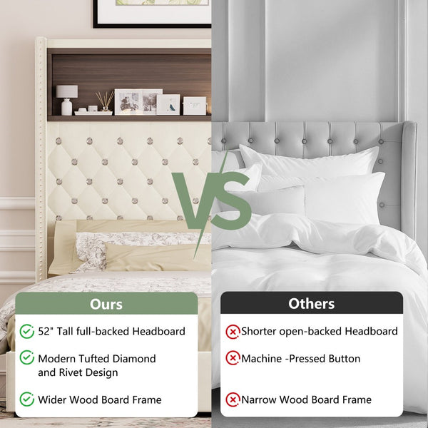 English Elm Queen Velvet Tufted Wingback Platform Bed Tall Headboard with Usb Charging Shelf Beige N733P367135A