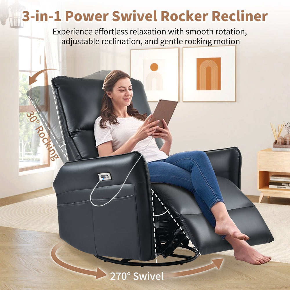 English Elm Power Power Swivel Rocker Recliner Chair with Wide Armrests, Dual USB Charging Ports, Compact Comfort Black PU W1028S00031