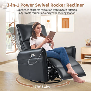 English Elm Power Power Swivel Rocker Recliner Chair with Wide Armrests, Dual USB Charging Ports, Compact Comfort Black PU W1028S00031