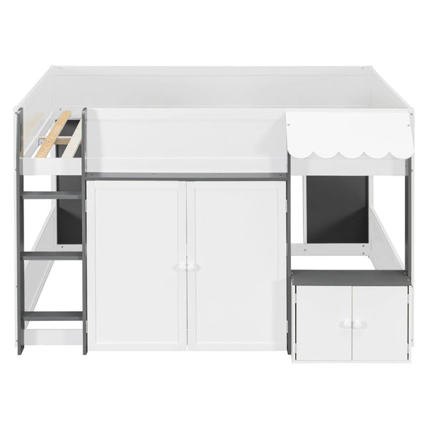 English Elm Twin House Loft Bed with Pull Out Rolling Desk Stair Drawers and Cabinet Storage White+Gray N820S00074E