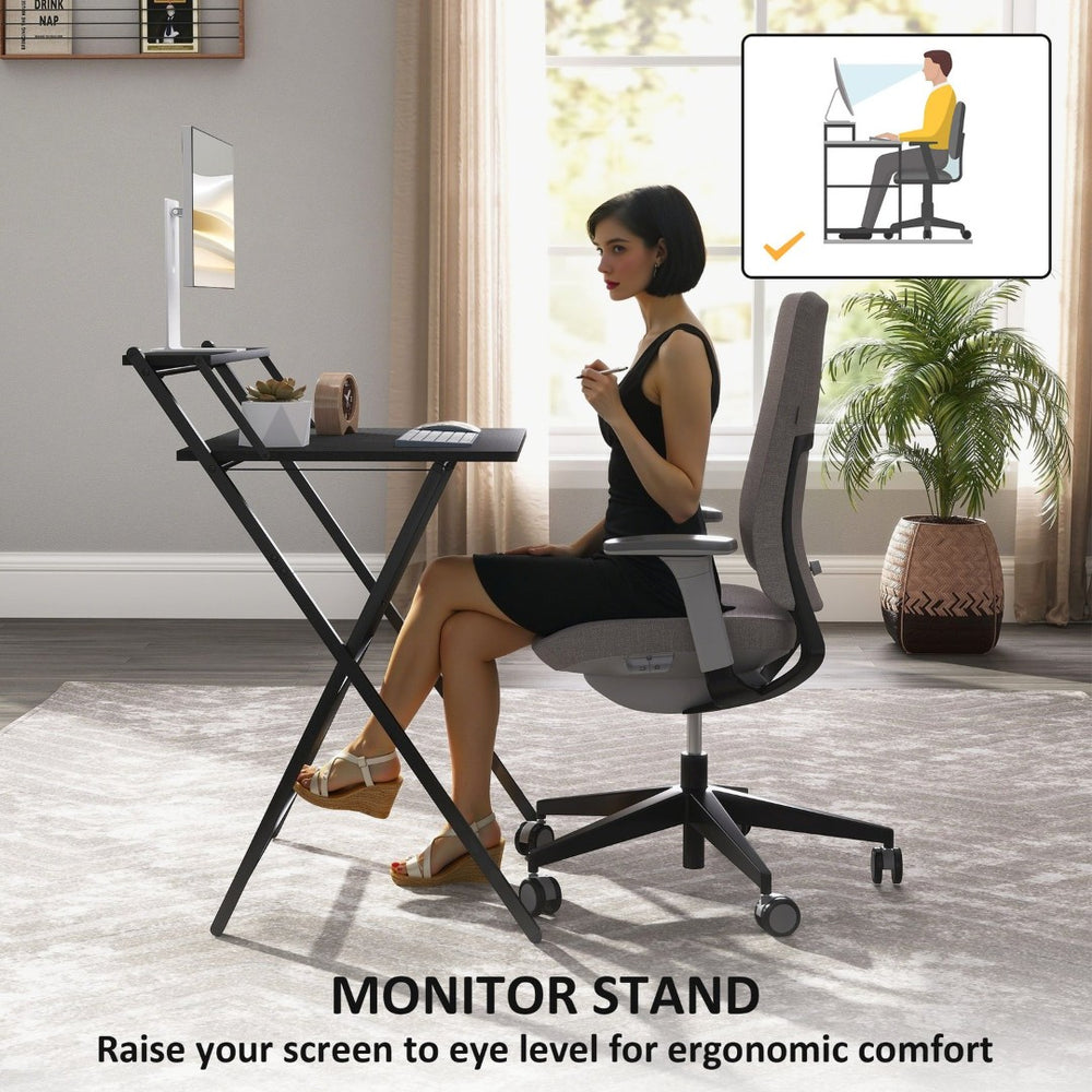 English Elm Folding Home Office Desk with Monitor Shelf Walnut Mdf Top Steel X Frame T3971P408202