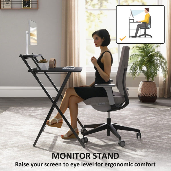 English Elm Folding Home Office Desk with Monitor Shelf Walnut Mdf Top Steel X Frame T3971P408202