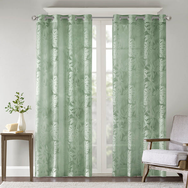 JLA Home Madison Park - Palm Palm Leaf Burnout Window Sheer brings tropical texture, airy privacy, OEKO‑TEX safety, grommet top elegance tailored for serene coastal and botanical interiors Sage Green MP40-8218