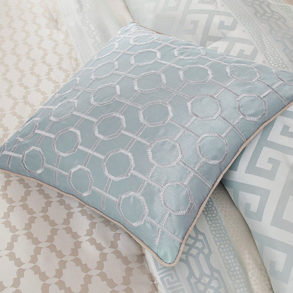 English Elm 7 Piece Madison Park Bennett Jacquard Comforter Set Aqua Queen – Neutral Geometric Stripes, Embroidered Pillows, Bedskirt Included B03596852