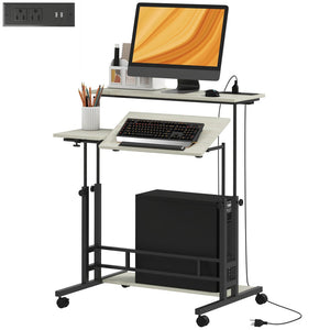 English Elm Homcom Rolling Standing Desk with Power Outlets Usb Ports Tiltable Oak Home Office W2225P485619