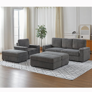 English Elm Corduroy minimalist coffee table conversion sofa set with cup grooves, recliner comfort and L-shaped layout for hosting Grey W834S00548