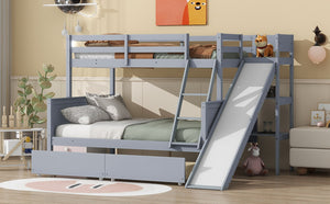 English Elm Twin Over Full Bunk Bed With Slide, Drawers & Shelves – Durable Rubberwood Design In Grey Finish W504S00204-GIGA