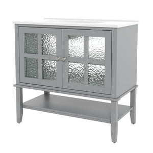 English Elm Christopher Knight Home® - 36" Bathroom Vanity with Ceramic Sink, Solid Wood Legs, Waterproof Finish, Soft-Close Hinges, Open Shelf, Silver Knobs Gray N817P286249G