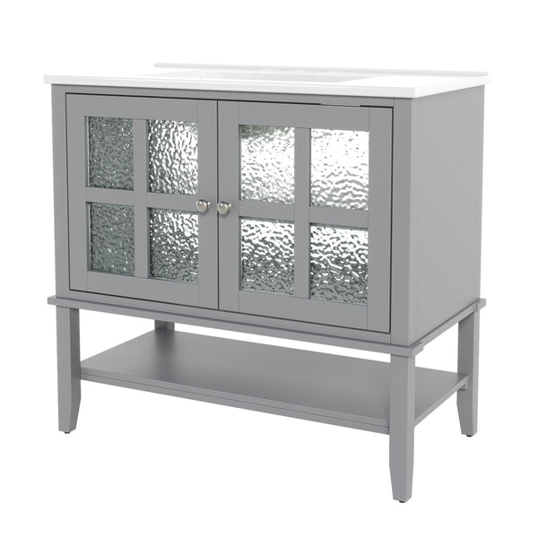 English Elm Christopher Knight Home® - 36" Bathroom Vanity with Ceramic Sink, Solid Wood Legs, Waterproof Finish, Soft-Close Hinges, Open Shelf, Silver Knobs Gray N817P286249G
