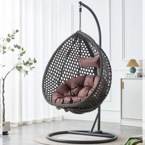 English Elm 76.8-inch Hand Woven Rattan Egg Swing Chair Indoor Outdoor with Cushion Lumbar Pillow Black W1512P498596