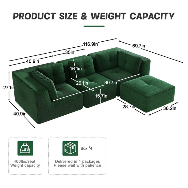 English Elm Modern Corduroy Sectional Sofa Tufted Deep Seat Couch with Movable Ottoman No Assembly Green W714S01796