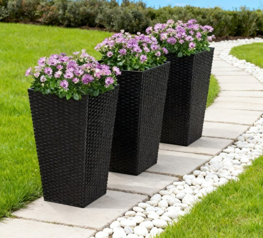 English Elm Outdoor Tall Rattan Style Column Planters Set of 3 Uv Resistant Pp with Drainage T3971P423354