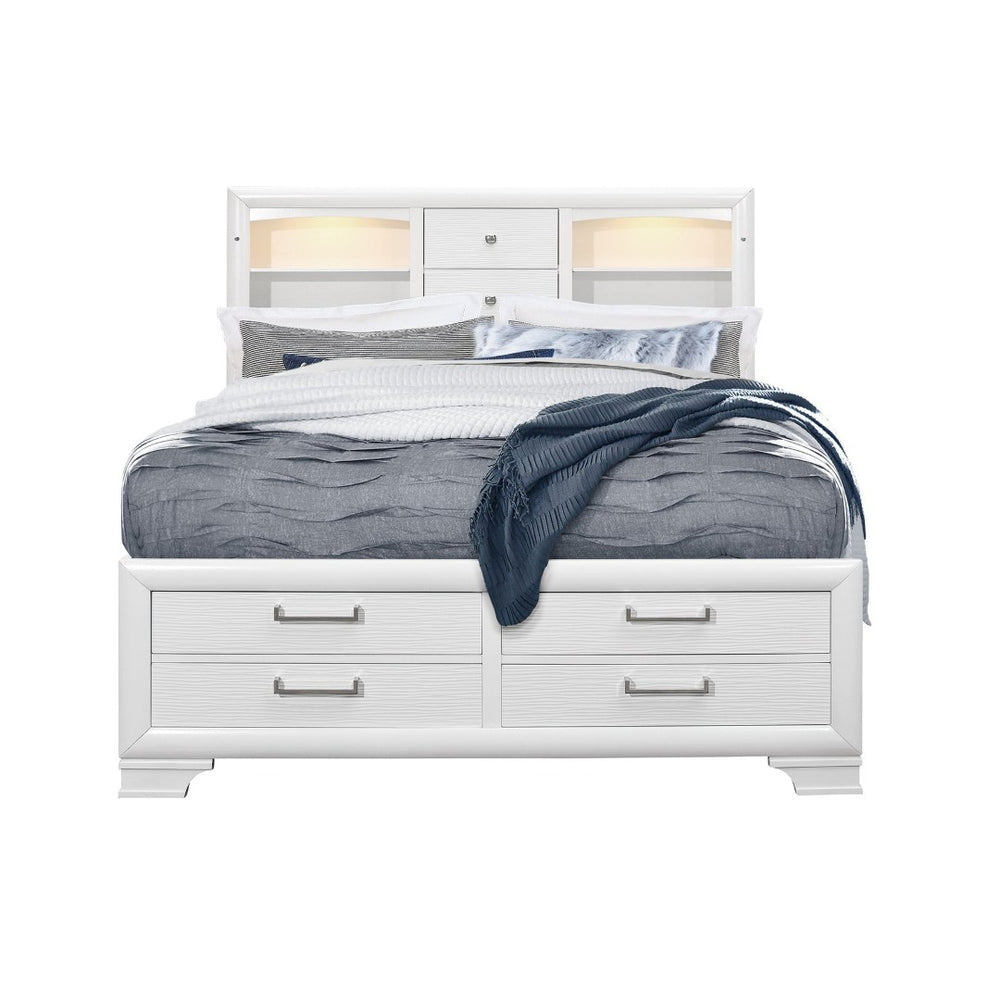 English Elm Civic Queen Storage Bed Bookcase Headboard with Built in Ambient Lighting White B201S00493