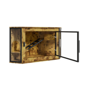 English Elm 48" Corner Mdf Cat Litter Enclosure Cabinet with Led Acrylic Door and Play Loft Tiger N704P402446D