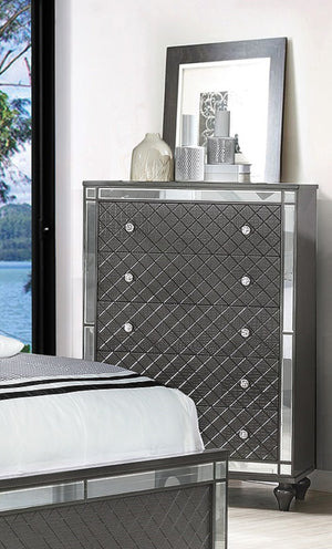 English Elm 1Pc Glam Contemporary Chest 5-Drawer with Mirror Plating, Faux Crystal Knobs, Tapered Legs, Gray Finish B011P222478