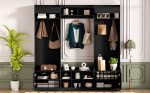 English Elm VIBE Modern Hall Tree with Shoe Cabinets, 3-Seat Bench, 7 Hooks & Adjustable Shelves, 79" wide Black SJ000147AAB