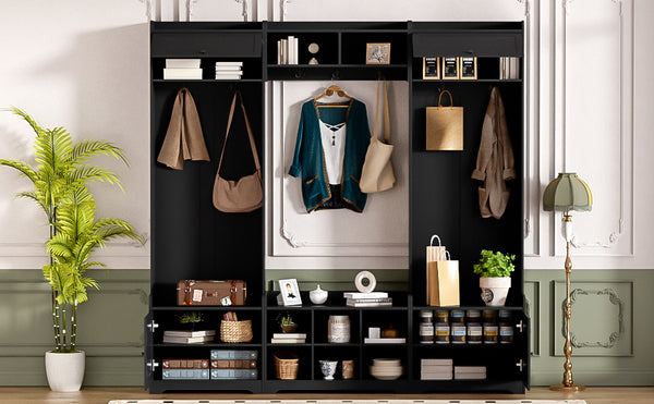 English Elm VIBE Modern Hall Tree with Shoe Cabinets, 3-Seat Bench, 7 Hooks & Adjustable Shelves, 79" wide Black SJ000147AAB