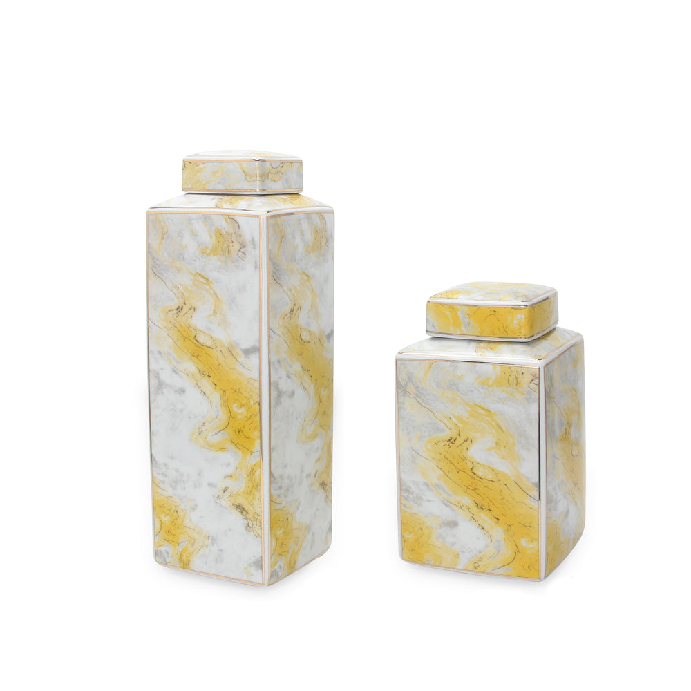 English Elm Square Ceramic Ginger Jars Set of 2 with Removable Lids, Gold & Gray Marble Accent for Modern Décor B030S00071