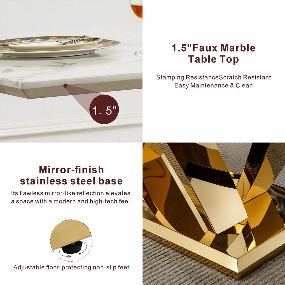 English Elm Marble Dining Table For 6-8 People, Luxurious Faux Marble Top With Gold Mirrored Base, Modern Design W3456S00052