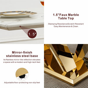 English Elm Marble Dining Table For 6-8 People, Luxurious Faux Marble Top With Gold Mirrored Base, Modern Design W3456S00052