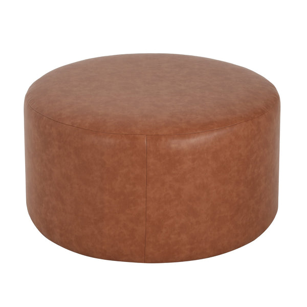 English Elm Christopher Knight Home® - Upholstered Round Ottoman with Faux Leather Upholstery, Dense Foam & Pocket Coil Comfort, 31" Brown,Cognac N757P181733T