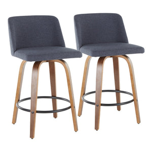 English Elm Toriano Mid-Century Modern Counter Stool Set Of 2 In Walnut & Blue Fabric - Stylish & Comfortable B202S00381-GIGA