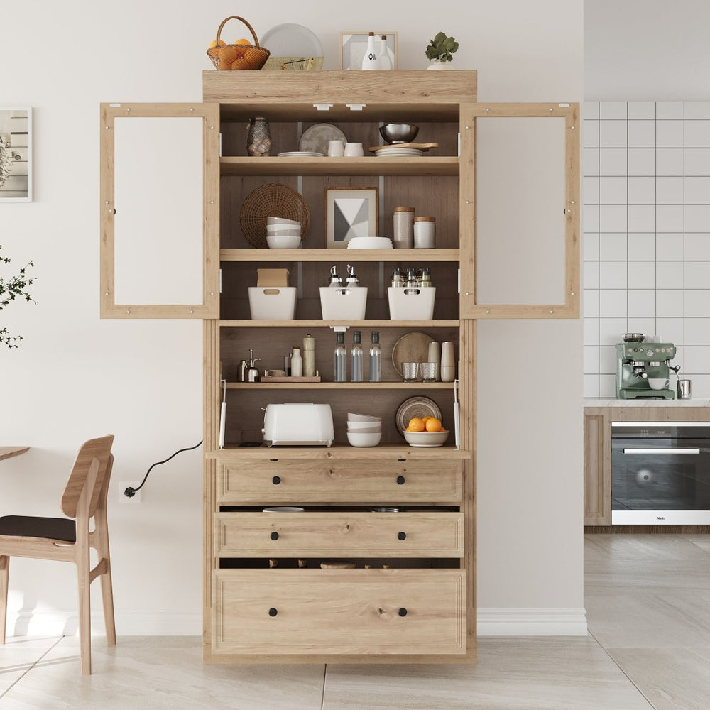 English Elm Topmax Shaker Pantry Cabinet with Drawers Power Outlet and Glass Doors SP000094AAA