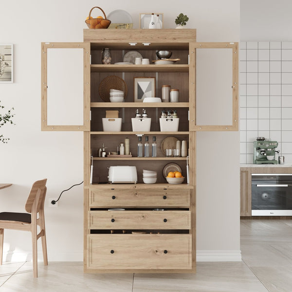 English Elm Topmax Shaker Pantry Cabinet with Drawers Power Outlet and Glass Doors SP000094AAA