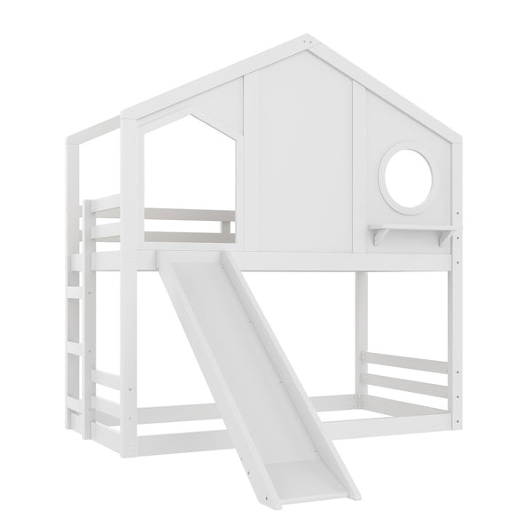 English Elm Full Bunk Bed with Trundle Bookshelf Storage Pine Frame Car Design for Kids Light White W1580S00464
