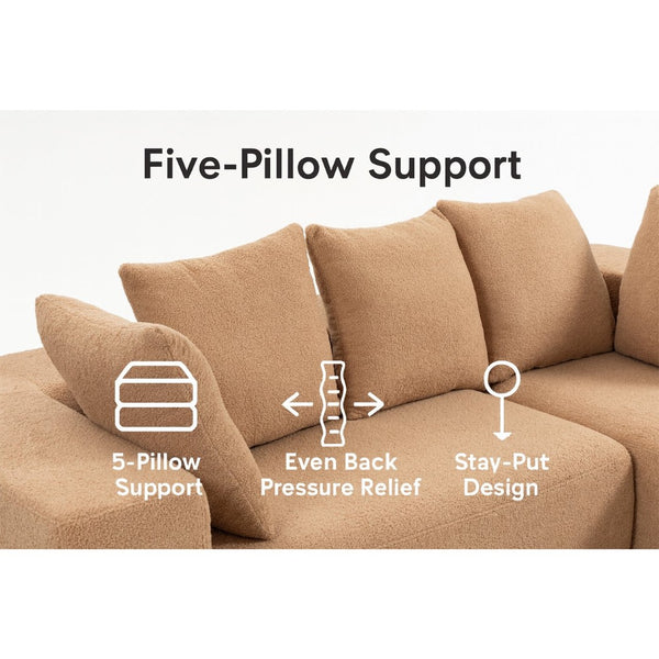 English Elm Full Foam Modular L-shaped Sectional Sofa Flannelette Upholstered with Five Throw Pillows Brown W3326S00025