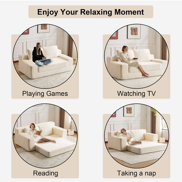 English Elm Loveseat Corduroy Bean Bag Sofa Bed with Memory Foam, Reversible Cushions, Plush Bolsters, No Assembly Required White W3723P346936