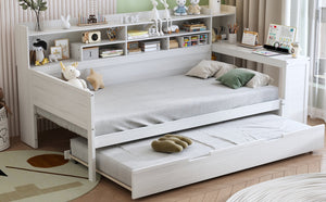 English Elm Wooden Twin Daybed with Trundle, Built-In Desk and Side Storage Shelves for Space-Saving Living Antique White 54.4 L x 18 W x 5.6 H N733S242275K