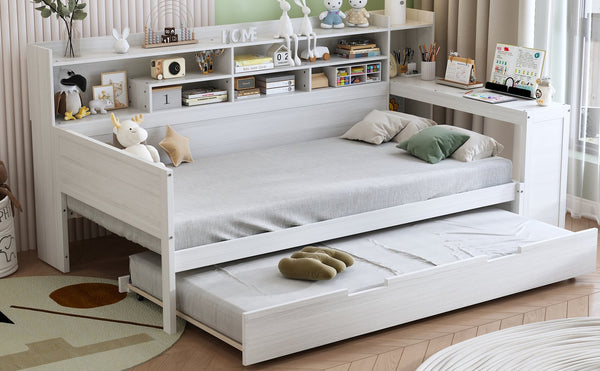 English Elm Wooden Twin Daybed with Trundle, Built-In Desk and Side Storage Shelves for Space-Saving Living Antique White 54.4 L x 18 W x 5.6 H N733S242275K