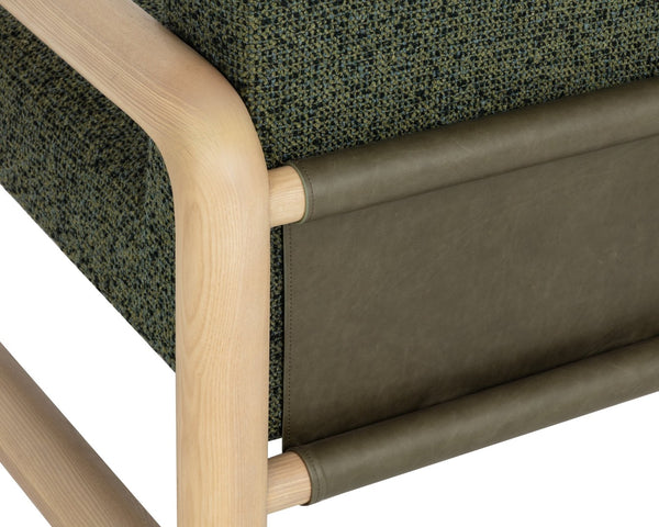 Sunpan NUBO Lounge Chair – Organic Ash Frame, Textured Noah Meadow Fabric & Dark Olive Leather Elegance 112676
