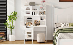 English Elm Computer Desk with 90 Degree Rotating Top, Space-Saving 43x70 Office Desk w/ Drawer, Shelves & Cabinets N733S363716K