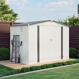 English Elm 8x6 Galvanized Steel Outdoor Storage Shed with Pitched Roof Lockable Doors and Window W3213S00007