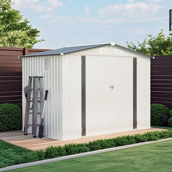 English Elm 8x6 Galvanized Steel Outdoor Storage Shed with Pitched Roof Lockable Doors and Window W3213S00007
