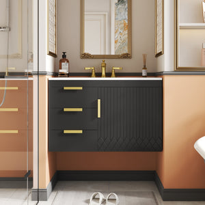 English Elm 30" Wall Mounted Bathroom Vanity with Ceramic Basin Sink, Floating Storage, Soft-Close Doors, Modern Elegance Black N710P324096B